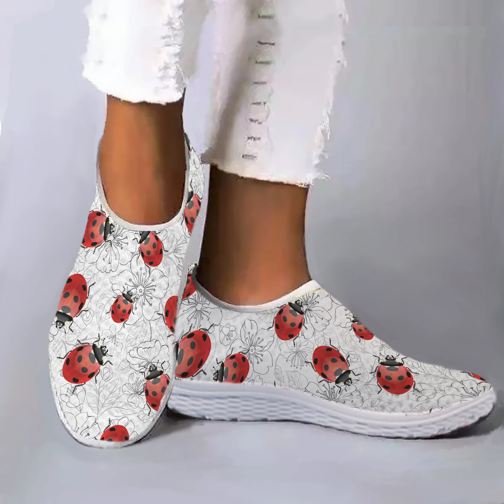 

INSTANTARTS White Lightweight Seven Star Ladybug Pattern Design Mesh Sneakers Comfort Slip On Shoes Soft Leisure Shoes Zapatos