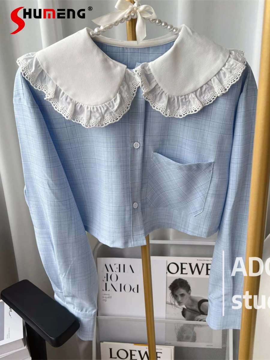 Female Patchwork Blue Doll Collar Lace Shirt Women's 2022 Autumn New Fashion Elegant Color Contrast Slimming Short Blouses Top
Female Patchwork Blue Doll Collar Lace Shirt Women's 2022 Autumn New Fashion Elegant Color Contrast Slimming Short Blouses Top