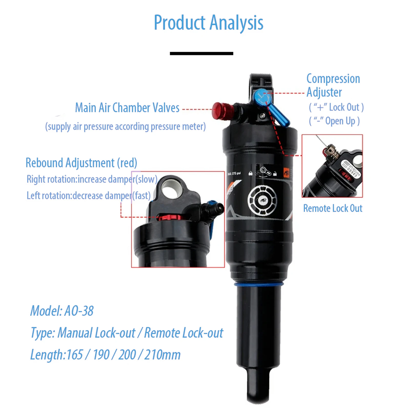 Mountain Bike Rear Shock AL-7075 Aluminum Alloy Black DNM Pressure Shock Rebound / Air Pressure For DNM AO-38RC
Mountain Bike Rear Shock AL-7075 Aluminum Alloy Black DNM Pressure Shock Rebound / Air Pressure For DNM AO-38RC