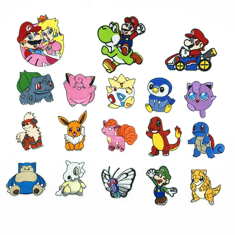 

Pokemon Cloth Patch Pikachu Clothes Stickers Sew on Embroidery Mario Patches Applique Iron on Clothing DIY Garment Decor Gift
