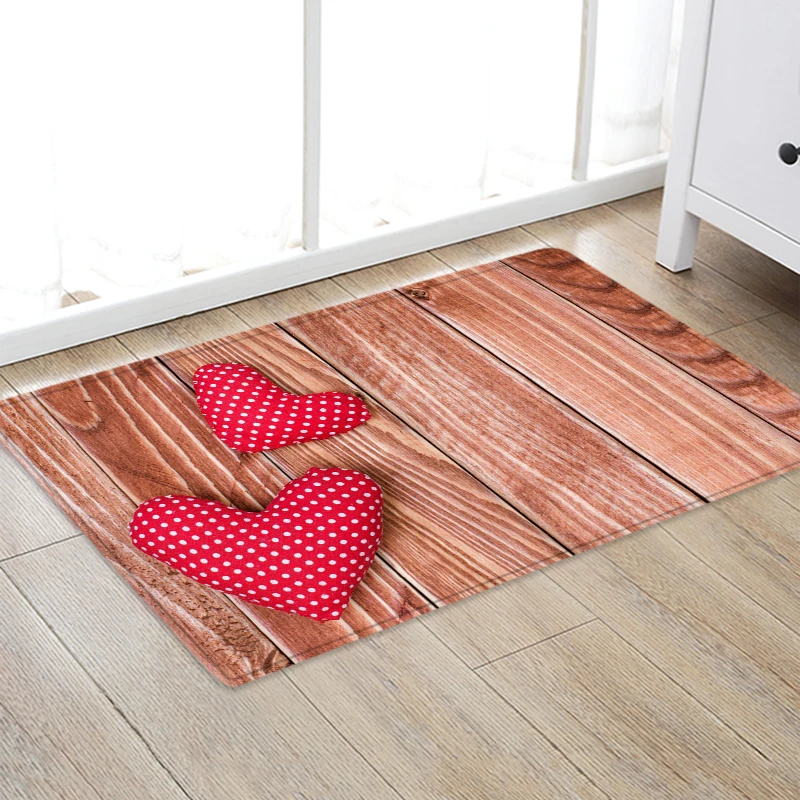 

Valentine's Day Love Wood Grain Printed Living Room Rug Kitchen Bedroom Carpet Flannel House Entrance Floor Mat Outdoor Doormats