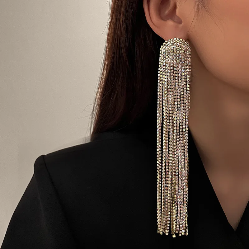 

Europe And America New Exaggerated Full Rhinestone Tassel Earrings For Women Party Wedding Statement Jewelry Long Earings Gifts