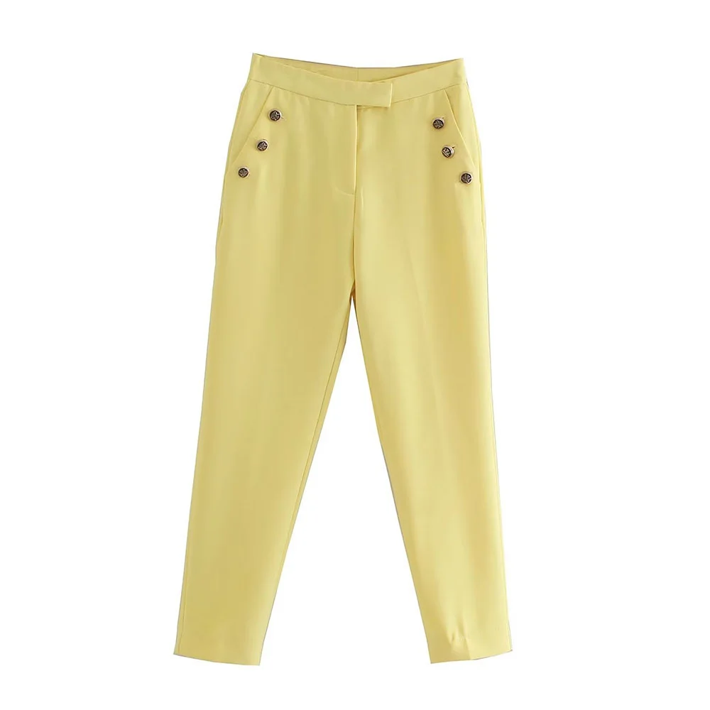 

Pantalon slim décontracté avec boutons de couleur unie pour femmes, taille slim, à la mode, tout assorti, collection automne