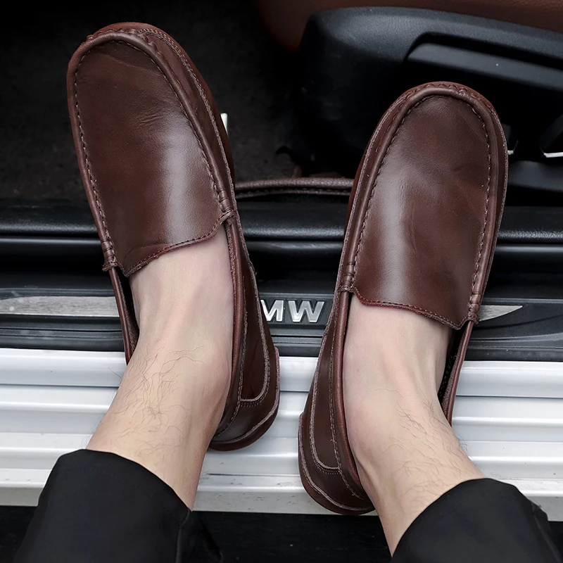 

Мужские кожаные кроссовки без шнуровки, черные Повседневные слипоны, лоферы на мягкой нескользящей подошве, обувь для вождения, 2023