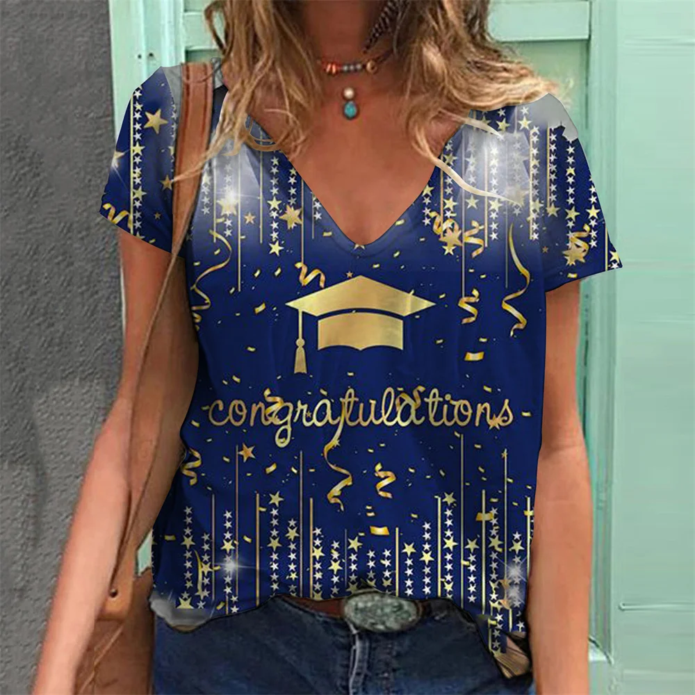 Graduation Season Women's T Shirts Summer Female V-Neck Short Sleeve Shirts Campus Fashion Girl Tshirts 3d Printed Lady Clothing
Graduation Season Women's T Shirts Summer Female V-Neck Short Sleeve Shirts Campus Fashion Girl Tshirts 3d Printed Lady Clothing