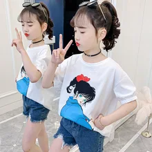 2023 Korea Summer Children Solid Color Top Junior Girl Short Sleeve Top Elementary Girl O-Neck Casual Top Teenager Girl T-shirt