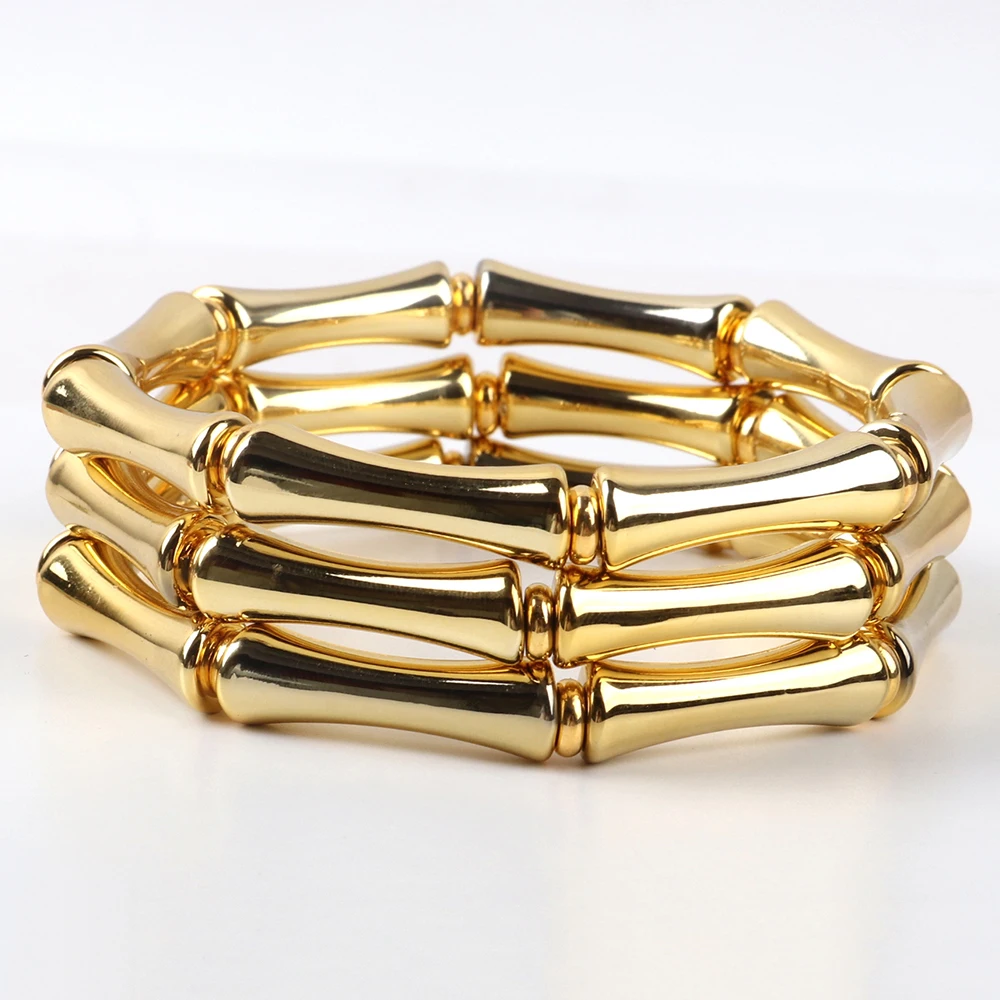 

New Gold Color Bamboo Acrylic Women's Hand Bracelets Resin Thin Curved Tube Stretchy Couple Bracelet Bangle Punk Jewelry Gifts