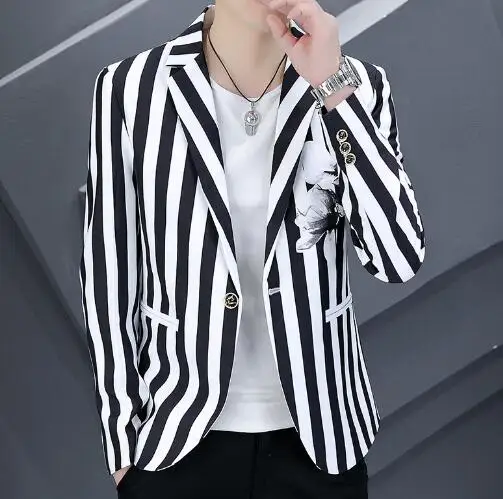 

New Spring Autumn Men's Suit Vertical Stripe Pattern Long Sleeve Slim One Button Cotton Blend Suit Coat Jacket ABB103