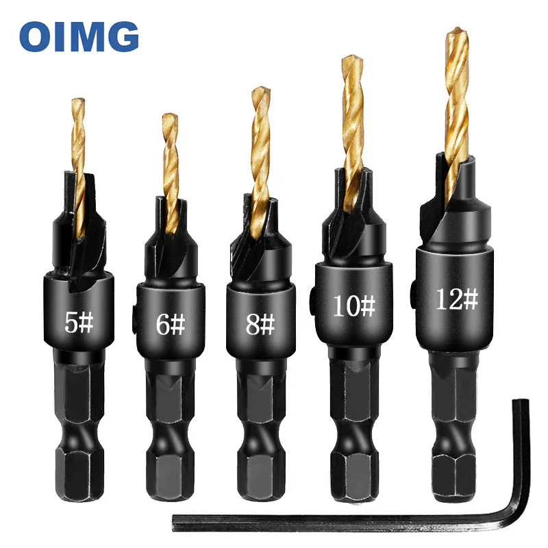 HSS Wood Countersink Drill Bit Set Drilling Pilot Holes For Screw Sizes #5 #6 #8 #10 #12 with Wrench Conical Counterbore Cutter
HSS Wood Countersink Drill Bit Set Drilling Pilot Holes For Screw Sizes #5 #6 #8 #10 #12 with Wrench Conical Counterbore Cutter