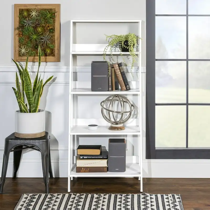 

Книжный шкаф с 4 полками и деревянной лестницей, белый, для спальни, гостиной или кухни, стеллаж, кубическая полка, книжная полка, мебель