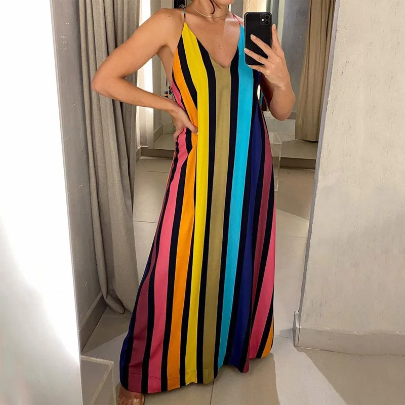 Ellafads Women Maxi Dress Summer Sexy Casual V Neck Suspenders Sleeveless Striped Print Backless Loose Beach Vacation Dresses
Ellafads Women Maxi Dress Summer Sexy Casual V Neck Suspenders Sleeveless Striped Print Backless Loose Beach Vacation Dresses