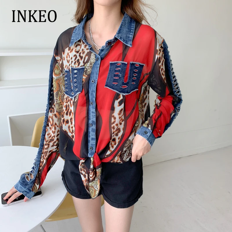Fashion Print denim patchwork Blouse Women's Summer Sexy See-through Loose shirt Female 2022 Summer Clothing Ladies INKEO 2T041
Fashion Print denim patchwork Blouse Women's Summer Sexy See-through Loose shirt Female 2022 Summer Clothing Ladies INKEO 2T041