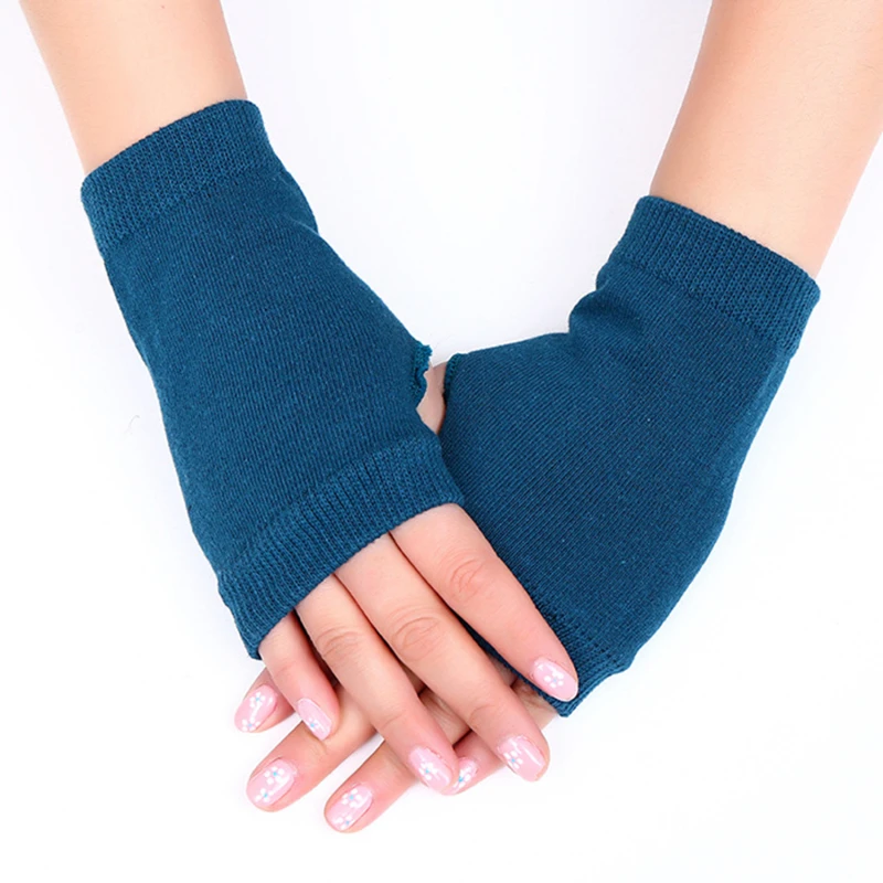 

Короткие перчатки с открытыми пальцами, зимние, Осенние, женские, мужские теплые трикотажные шерстяные перчатки без пальцев, однотонные, ярко-синие