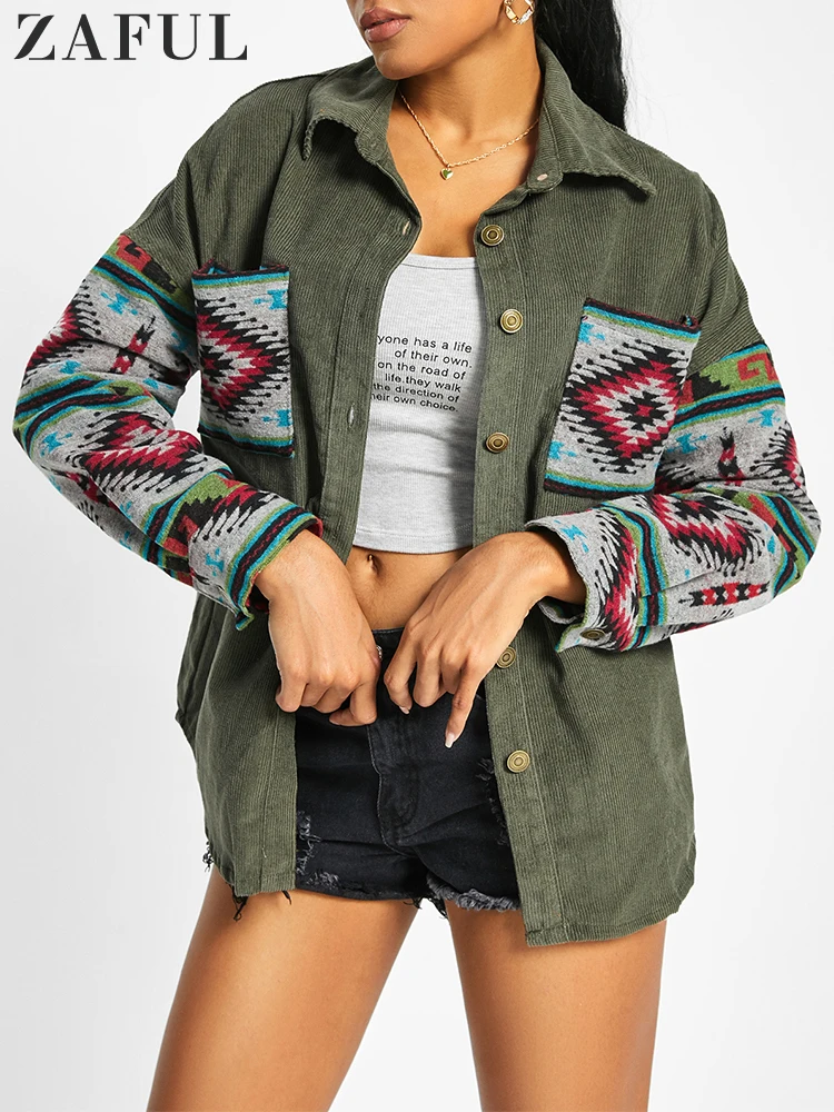 

ZAFUL Jacket for Women Corduroy Long Sleeves Shacket Ethnic Aztec Print Shirt Jackets Fall Winter Streetwear Outerwear NEW