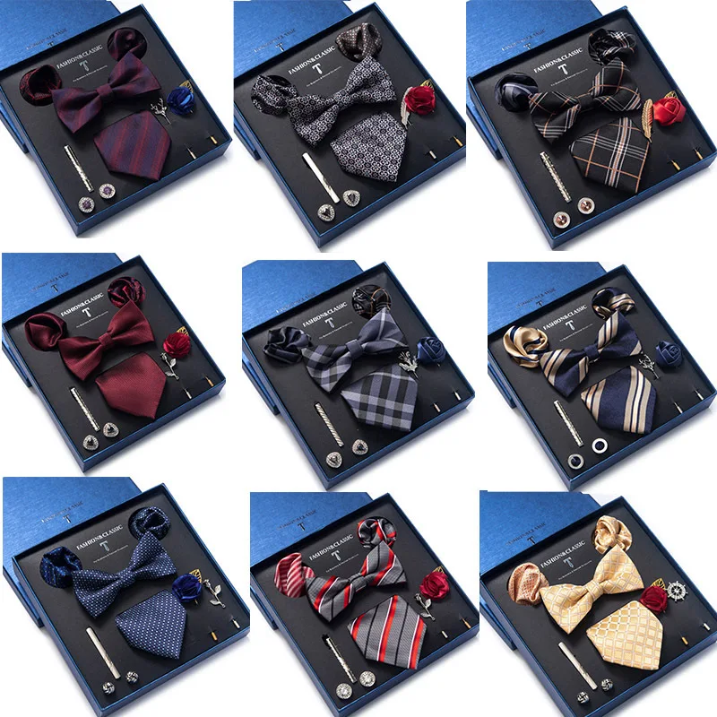 

HUISHI Mans Luxurious Ties Set With Bowtie Pocket Square Cufflinks Brooches Pins Bussiness Wedding Party Neckties Gift Box Suit