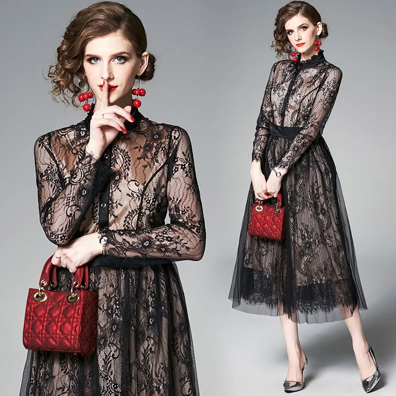 European station autumn new long-sleeved dress mesh stitching lace waist folded high-end AZ6263075
European station autumn new long-sleeved dress mesh stitching lace waist folded high-end AZ6263075