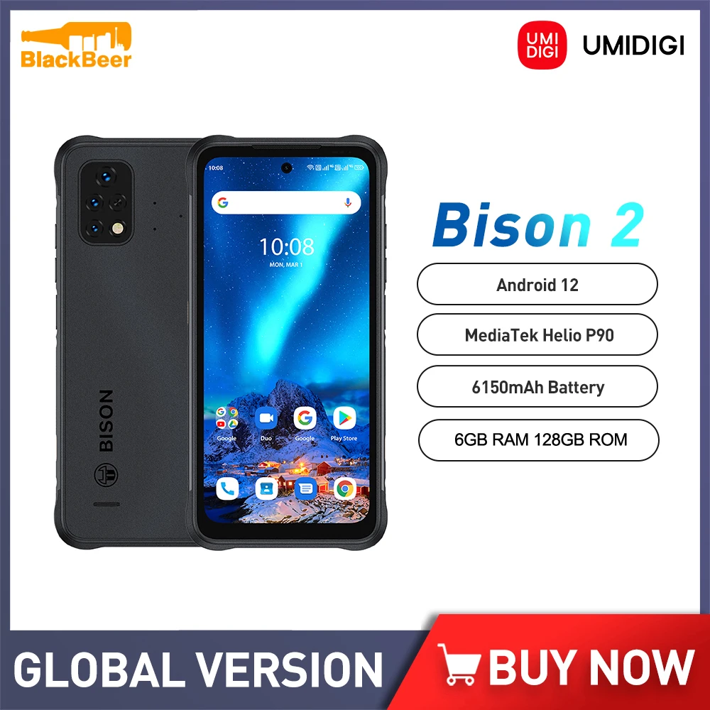 

UMIDIGI BISON 2 Android 12 Rugged Cellphone Helio P90 Octa Core MobilePhone 6GB+128GB 6.5" Smartphone 48MP Triple Camera 6150mAh