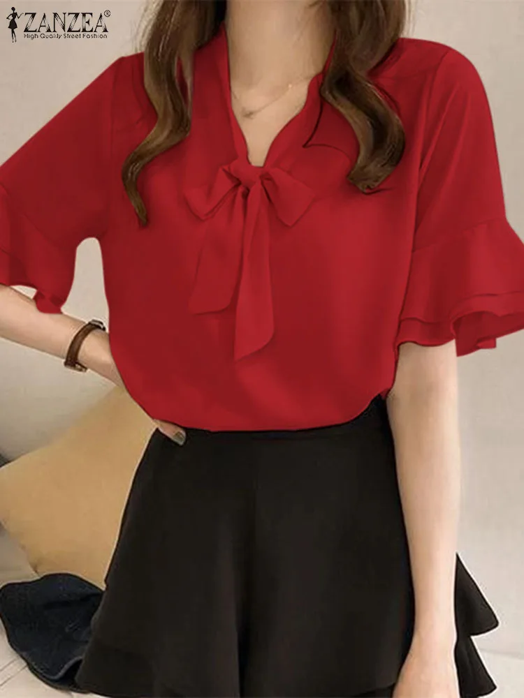 Блузка ZANZEA женская с коротким рукавом и воланом, элегантная рубашка на шнуровке, однотонная Свободная шифоновая модная блузка, лето 
Блузка ZANZEA женская с коротким рукавом и воланом, элегантная рубашка на шнуровке, однотонная Свободная шифоновая модная блузка, лето