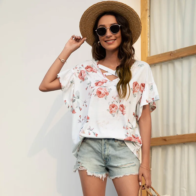 Summer Girls Printing T-shirt Leisure Style Loose Shirt for Women V-neck Cross Design Short Sleeve Tops New Women Tees
Summer Girls Printing T-shirt Leisure Style Loose Shirt for Women V-neck Cross Design Short Sleeve Tops New Women Tees