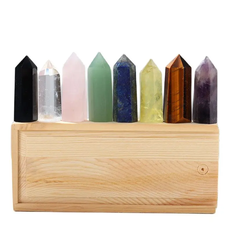 

2022 new hot sale 8pcs/set Chakra Array Crystal Points Natural Quartz Hexagonal Prism Healing Wand Wooden Gift Box