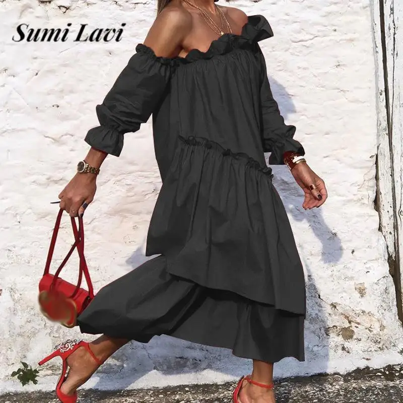 Casual Solid Color Lantern Sleeve Long Dress 2023 Early Autumn One Shoulder Beach Dress Sexy Women Ruffled Irregular Loose Dress
Casual Solid Color Lantern Sleeve Long Dress 2023 Early Autumn One Shoulder Beach Dress Sexy Women Ruffled Irregular Loose Dress