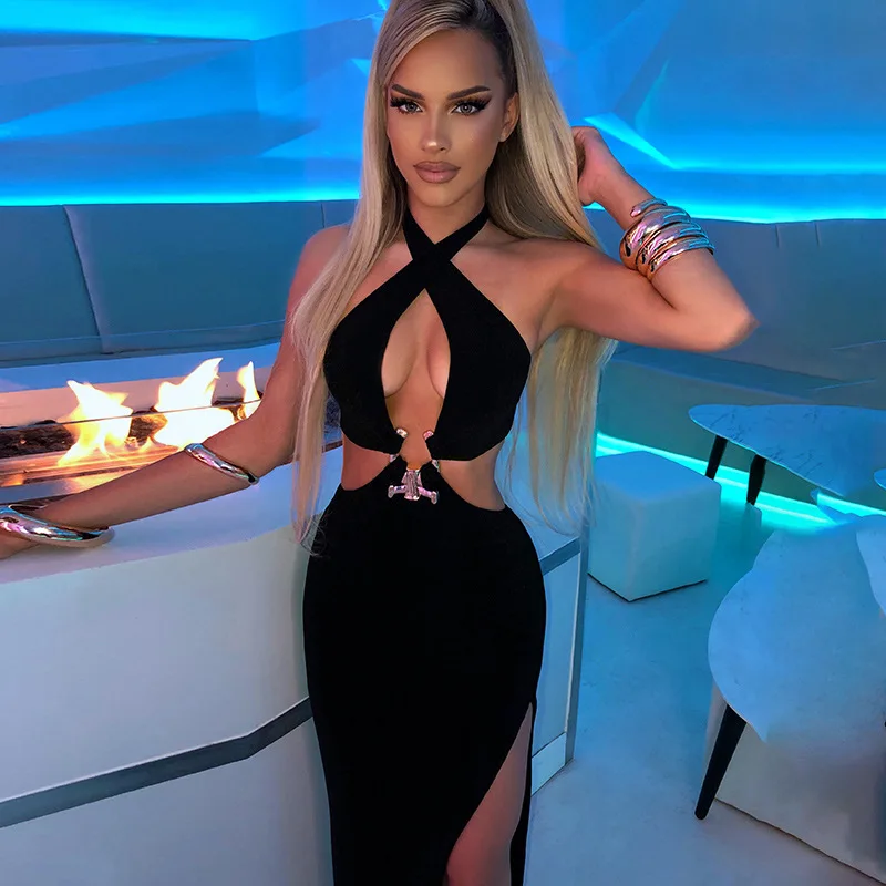 Women Bodycon Slit Dress Sexy Black Solid Color Cross Halter Neck Backless Hollow Out Dress Ladies Club Party Dress
Women Bodycon Slit Dress Sexy Black Solid Color Cross Halter Neck Backless Hollow Out Dress Ladies Club Party Dress