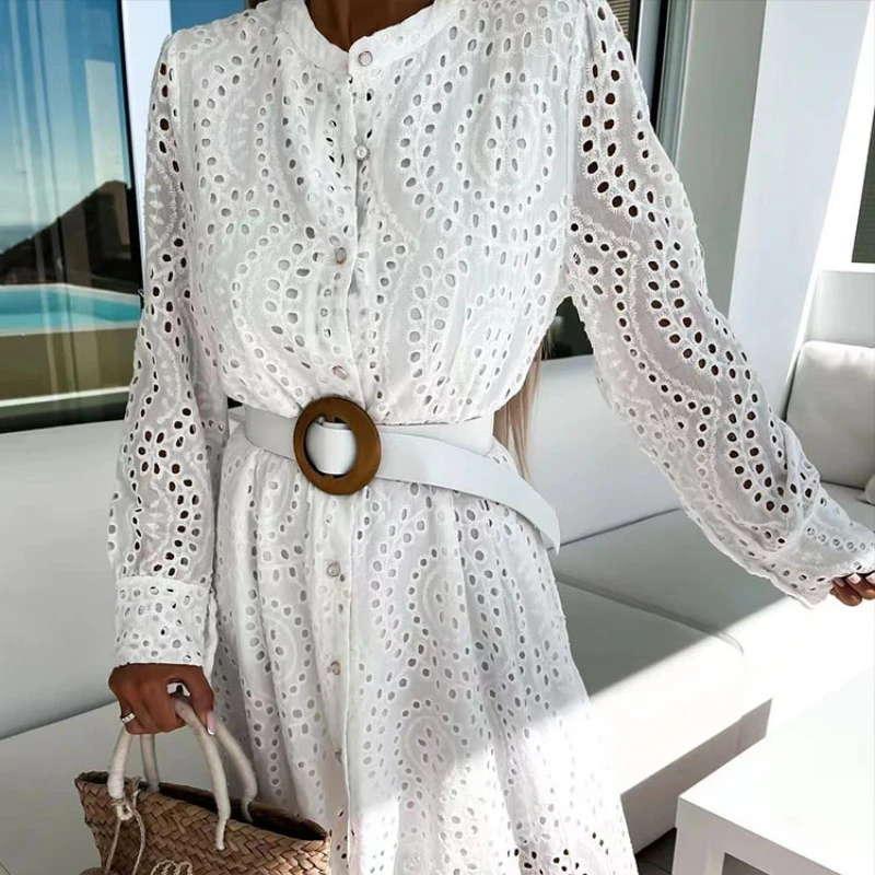 Женское ажурное платье с разрезом, элегантное однотонное офисное платье с длинным рукавом, Пляжное Платье для тенниса, лето-весна 
Женское ажурное платье с разрезом, элегантное однотонное офисное платье с длинным рукавом, Пляжное Платье для тенниса, лето-весна