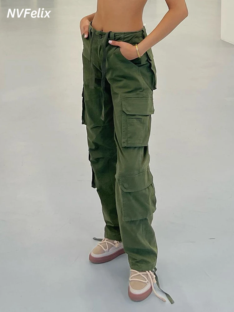 

Джинсы-карго женские с карманами, винтажные Мешковатые повседневные удобные брюки из денима с прямыми штанинами, с завышенной талией, модные штаны в стиле хип-хоп, зеленые