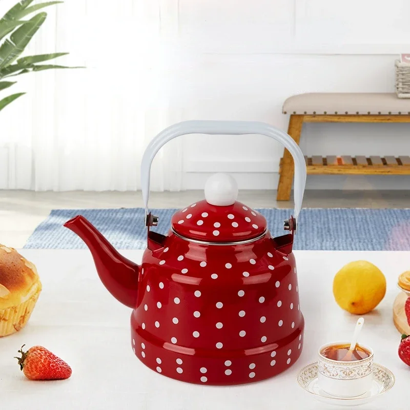 

Креативный эмалированный чайник в красный горошек, прочный чайник для воды с подогревом, милый чайник со стальной ручкой из эмали, домашний кухонный металлический чайник