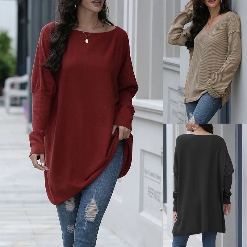 Лидер продаж, Kf-осенняя свободная однотонная женская Длинная вязаная однотонная косичка с круглым вырезом и длинным рукавом 
Лидер продаж, Kf-осенняя свободная однотонная женская Длинная вязаная однотонная косичка с круглым вырезом и длинным рукавом