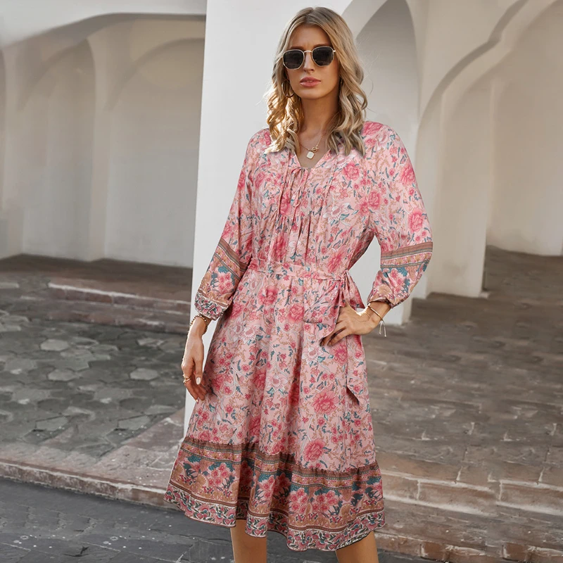 Holiday Print Dress Women Summer Bohemian Loose Casual Floral Print Dress Long Sleeve V-Neck Tie A-Line Skirt Elegant 2022 New 
Holiday Print Dress Women Summer Bohemian Loose Casual Floral Print Dress Long Sleeve V-Neck Tie A-Line Skirt Elegant 2022 New
