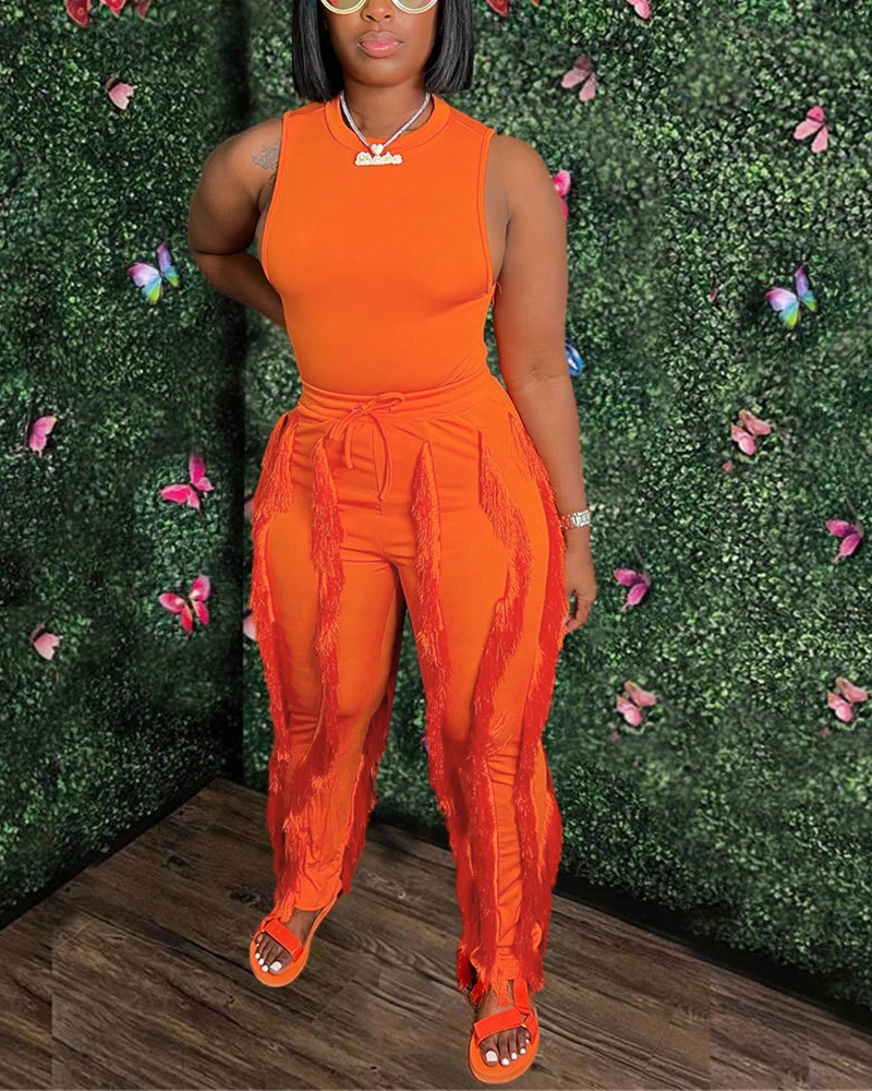 2023 Women Two Piece Suit Casual Tank Top & Tassel Decor Drawstring Pants Set Streetwear Crop Tops Solid Color Long Trousers New
2023 Women Two Piece Suit Casual Tank Top & Tassel Decor Drawstring Pants Set Streetwear Crop Tops Solid Color Long Trousers New