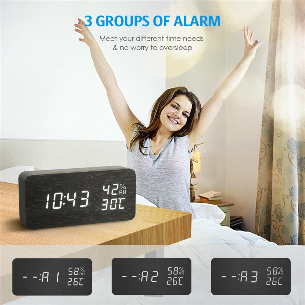 

Alarm Clock LED Wooden Watch Table Voice Control Digital Wood Despertador USB/AAA Powered Electronic Desktop Clocks Housealarm c