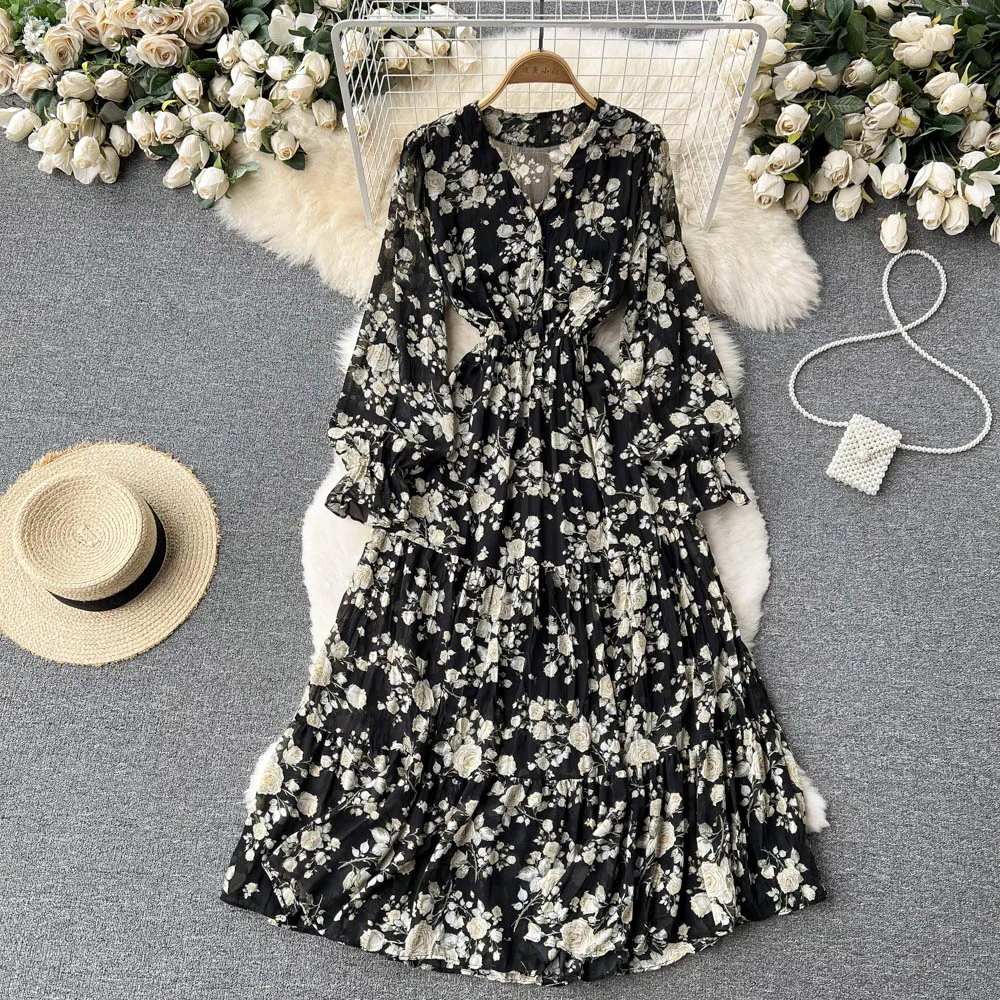 VANOVICH Korean Japan Style Gentle Wind V-neck Temperament Thin Chiffon Floral Dress 2022 Spring and Summer New Women Dress 
VANOVICH Korean Japan Style Gentle Wind V-neck Temperament Thin Chiffon Floral Dress 2022 Spring and Summer New Women Dress