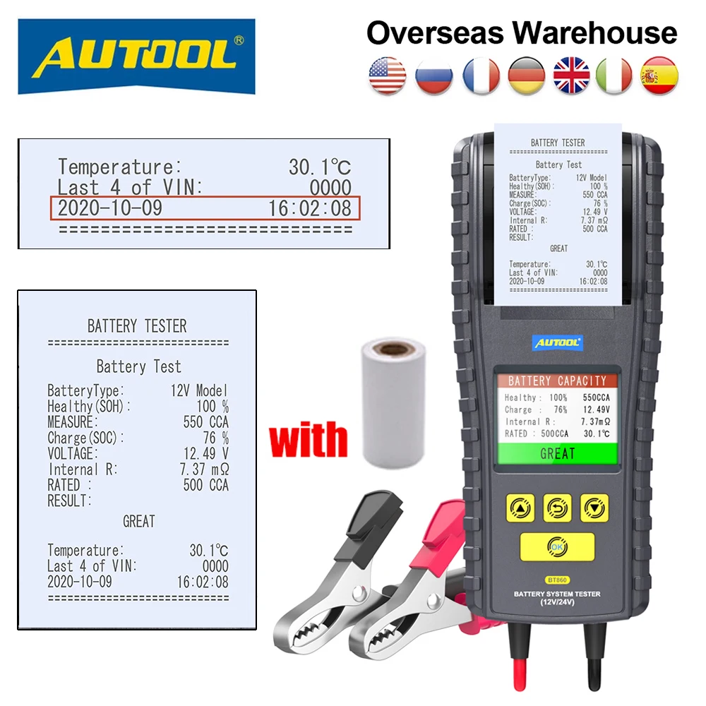 Multi-language Car Battery Tester with Temperature Sensor 12/24V with Printer & Real Time Display Battery Temperature Monitoring
Multi-language Car Battery Tester with Temperature Sensor 12/24V with Printer & Real Time Display Battery Temperature Monitoring