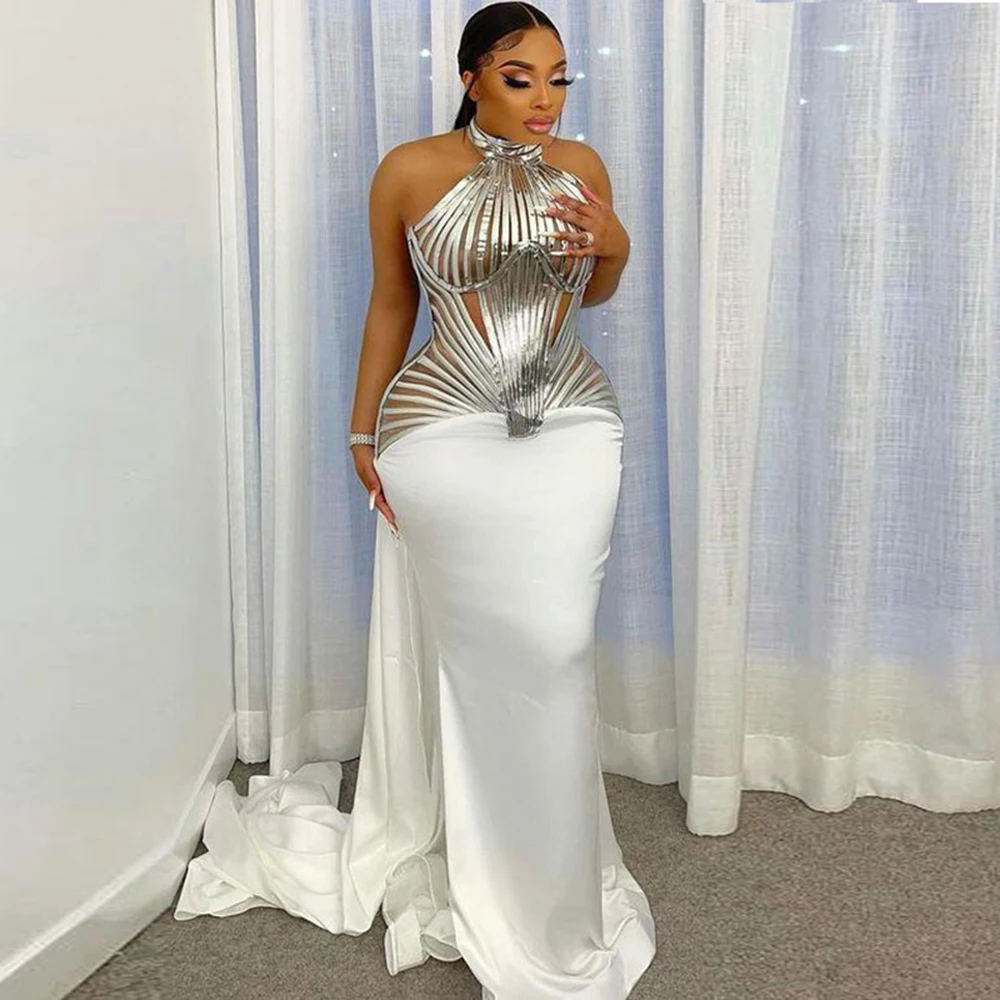 Sexy Open Back Formal Dress Elegant Halter Off Shoulder Evening Dresses Strips Top robe de soirée de mariage Halter Gowns 
Sexy Open Back Formal Dress Elegant Halter Off Shoulder Evening Dresses Strips Top robe de soirée de mariage Halter Gowns