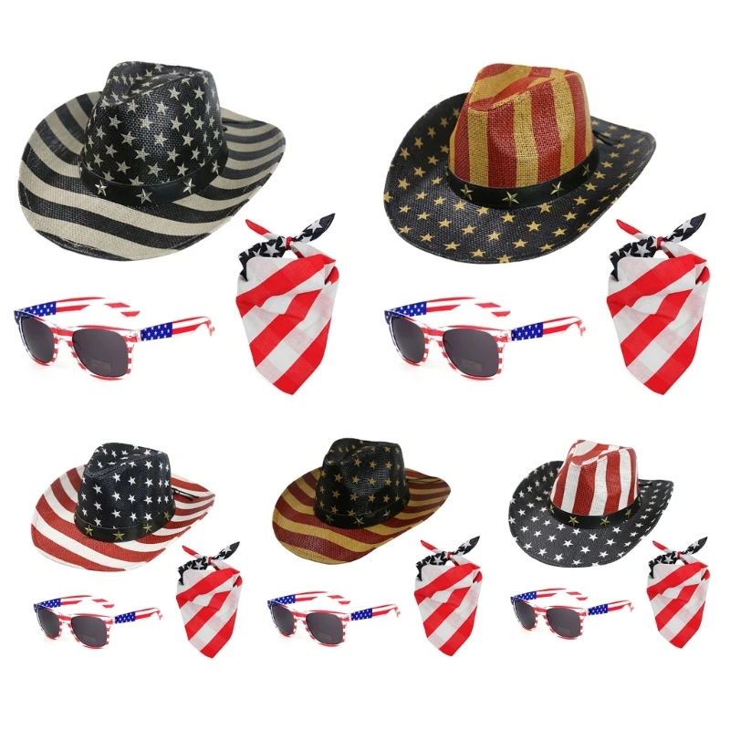 Cowboy Hats Summer Sunhat Western Cowgirl Hat Vintage Adult Size Bandana Sunglasses Rave Cow Girl Hat for Men Women
Cowboy Hats Summer Sunhat Western Cowgirl Hat Vintage Adult Size Bandana Sunglasses Rave Cow Girl Hat for Men Women