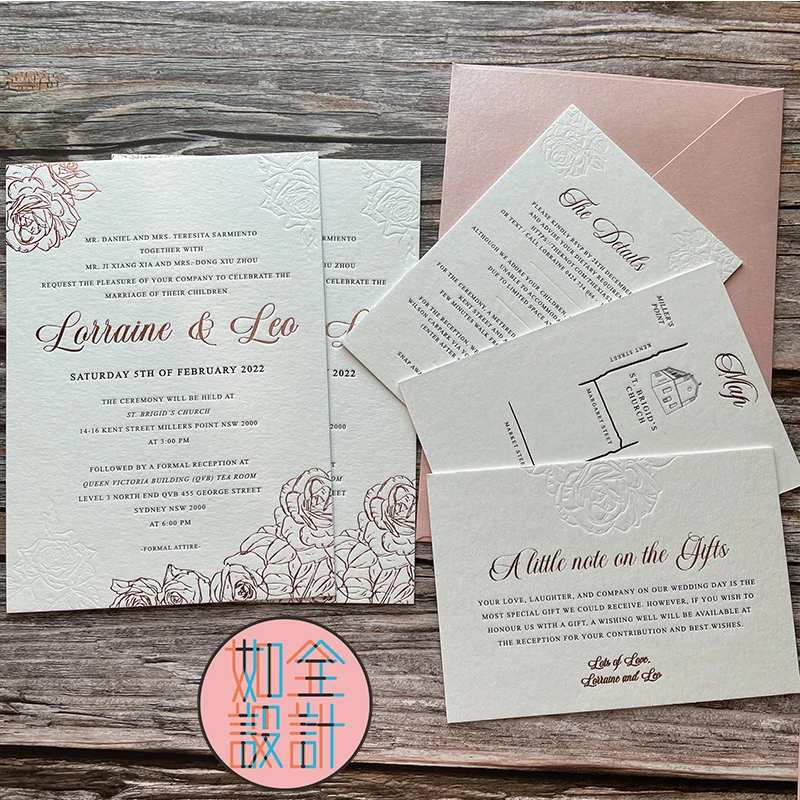 High Grade Customized Design Wedding Invitations Cotton Paper Gold Foil/Colorless Deboss Upscale
High Grade Customized Design Wedding Invitations Cotton Paper Gold Foil/Colorless Deboss Upscale