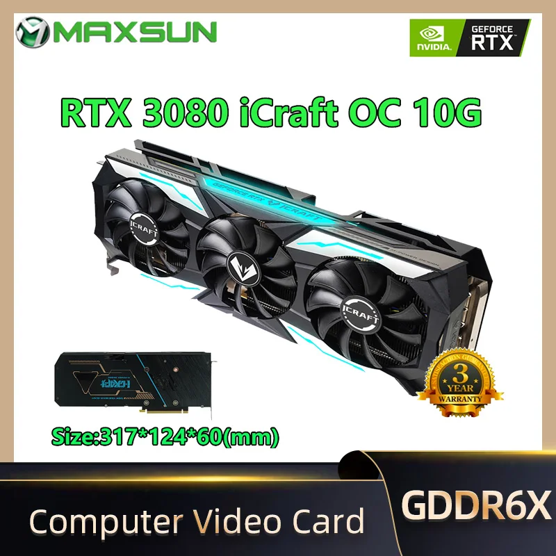 

MAXSUN Graphics Card RTX 3080 iCraft OC 10GB GDDR6X GPU NVIDIA Computer PC 320bit PCI Express X16 4.0 RGB Gaming Video Cards