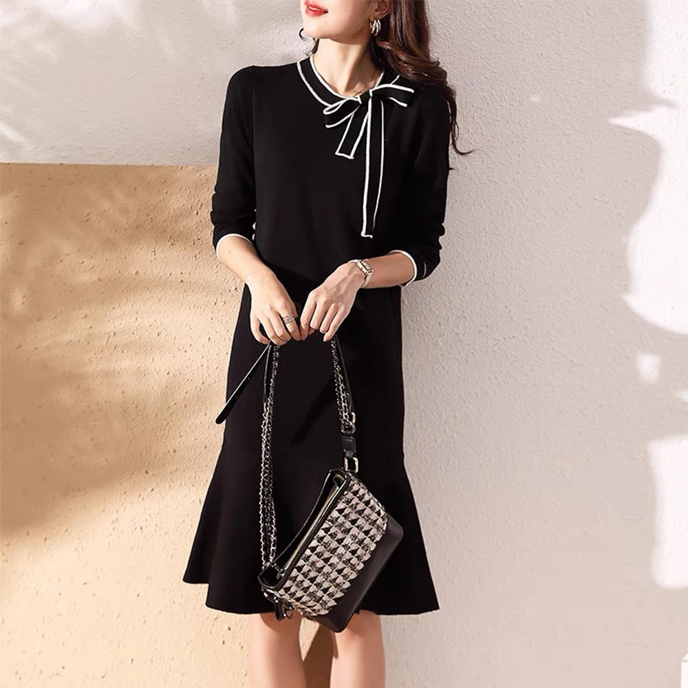 Women Fashion Dress Casual Solid Color Long Sleeve Bow Tie Patchwork Round Neck France Chic Elegant Spring Fall Dress For Ladies
Women Fashion Dress Casual Solid Color Long Sleeve Bow Tie Patchwork Round Neck France Chic Elegant Spring Fall Dress For Ladies