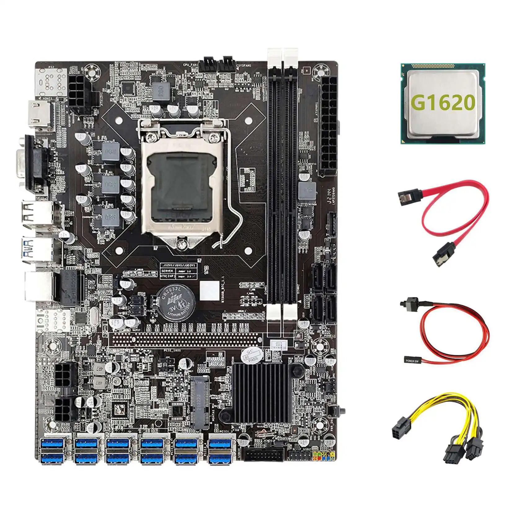B75 ETH Mining Motherboard 12 PCIE to USB+G1620 CPU+6Pin to Dual 8Pin Cable+Switch Cable+SATA Cable LGA1155 Motherboard
B75 ETH Mining Motherboard 12 PCIE to USB+G1620 CPU+6Pin to Dual 8Pin Cable+Switch Cable+SATA Cable LGA1155 Motherboard