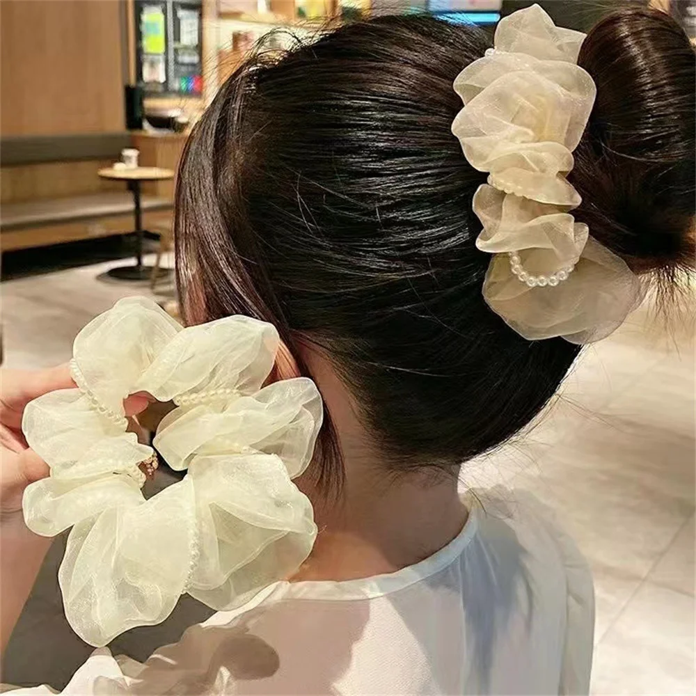 

Oversize Organza Pearl Head Rope Sweet Scrunchie Simple Popular Hair Ties Ponytail Fixed Hair Rope Girl High Elastic Rubber Band