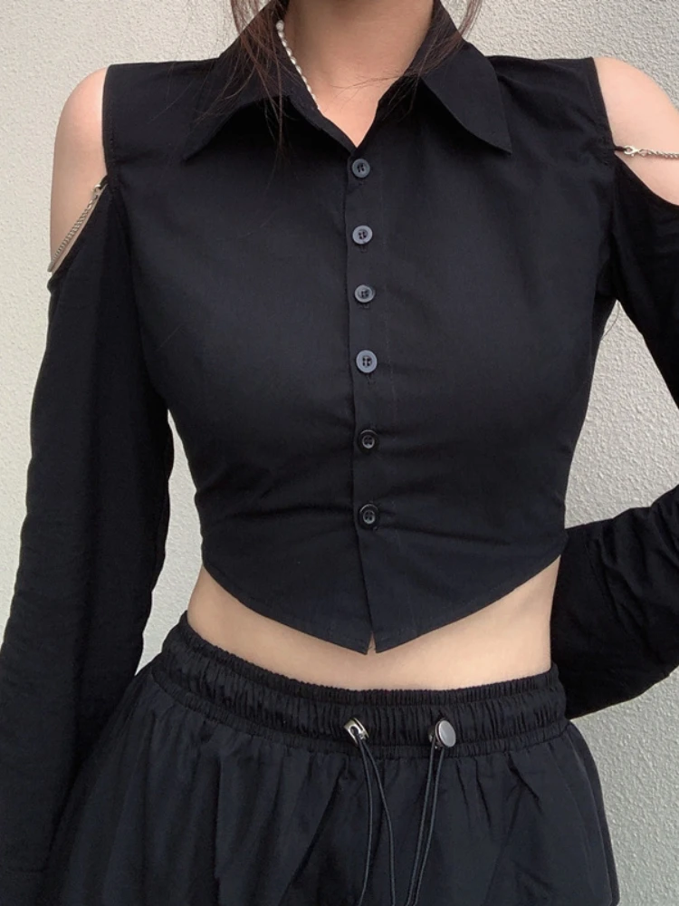 Black Polo Shirts for Women Long Sleeve Crop Top Hollow Out Chain Off Shoulder Cardigan Fashion Solid Tee Navel Female Blouses
Black Polo Shirts for Women Long Sleeve Crop Top Hollow Out Chain Off Shoulder Cardigan Fashion Solid Tee Navel Female Blouses