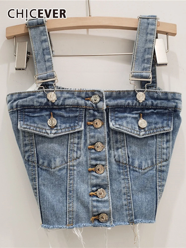 CHICEVER High Street Camisole Denim Tank Tops Square Collar Sleeveless Single Breasted Spliced Pockets Raw Hem Vest Female 2023
CHICEVER High Street Camisole Denim Tank Tops Square Collar Sleeveless Single Breasted Spliced Pockets Raw Hem Vest Female 2023