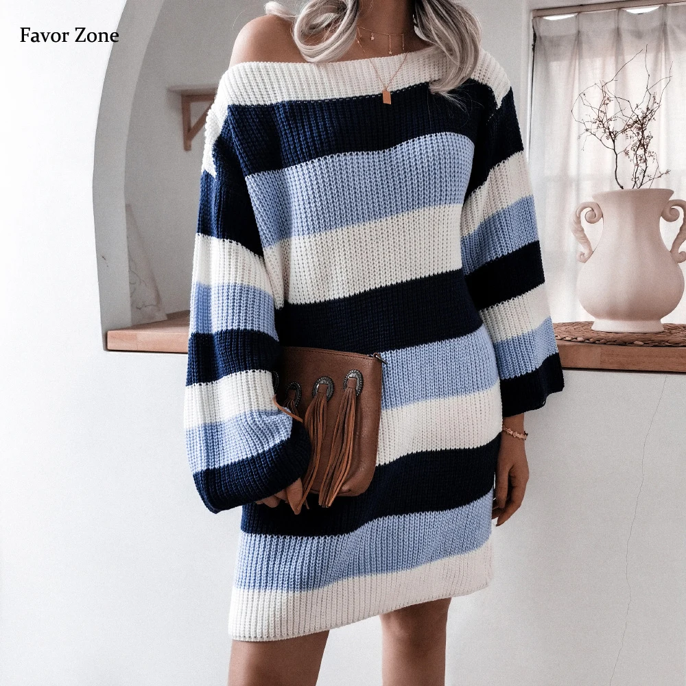 Women Sexy Slash Neck Mini Knitted Dress Autumn Winter Striped Long Sleeve Dress Ladies Casual Loose Straight Sweaters Dress
Women Sexy Slash Neck Mini Knitted Dress Autumn Winter Striped Long Sleeve Dress Ladies Casual Loose Straight Sweaters Dress
