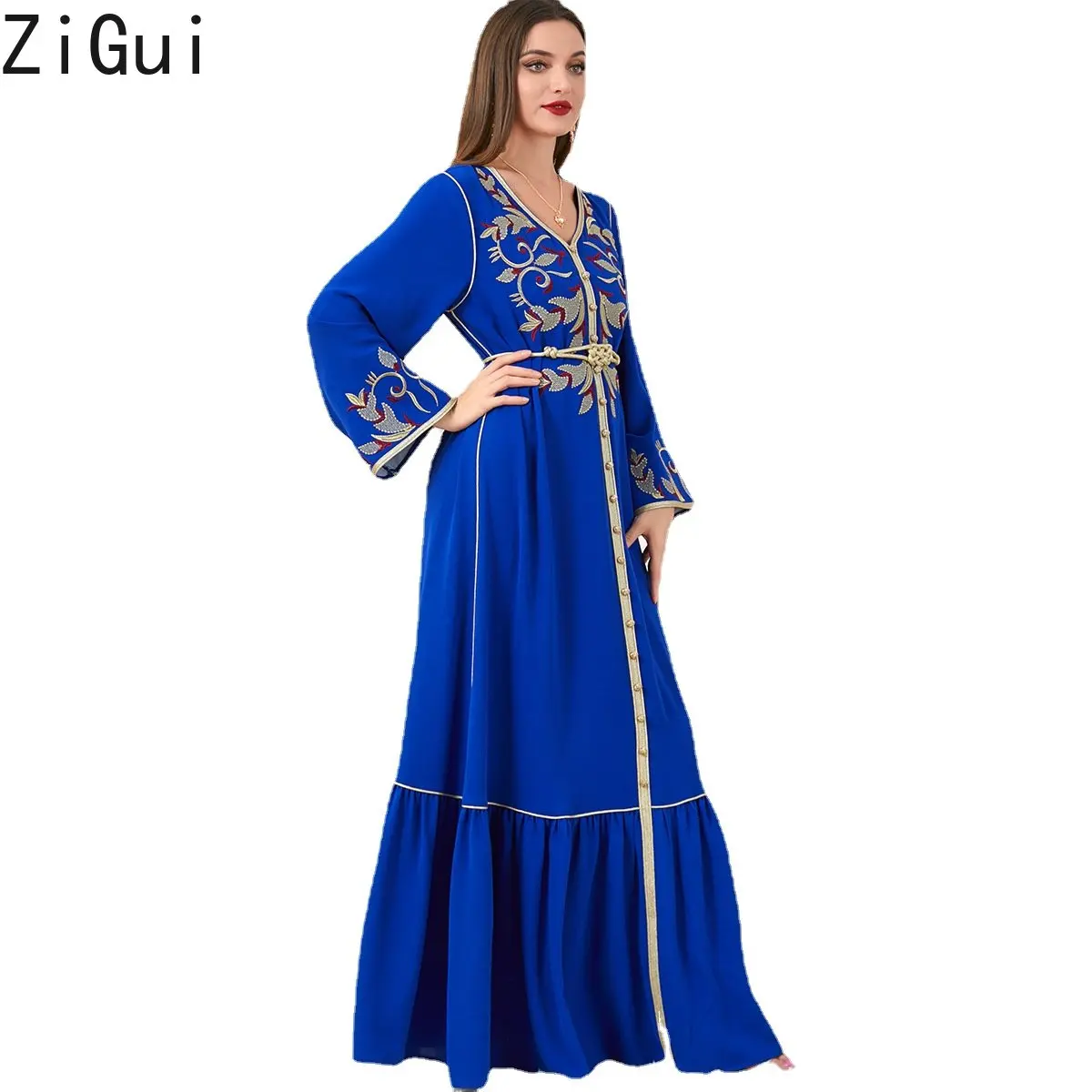 

Zigui Elegant Luxury Evening Dress Blue Long Sleeve Gold Embroidery V Neck Belted Muslim Abaya Dress Dubai Ramadan