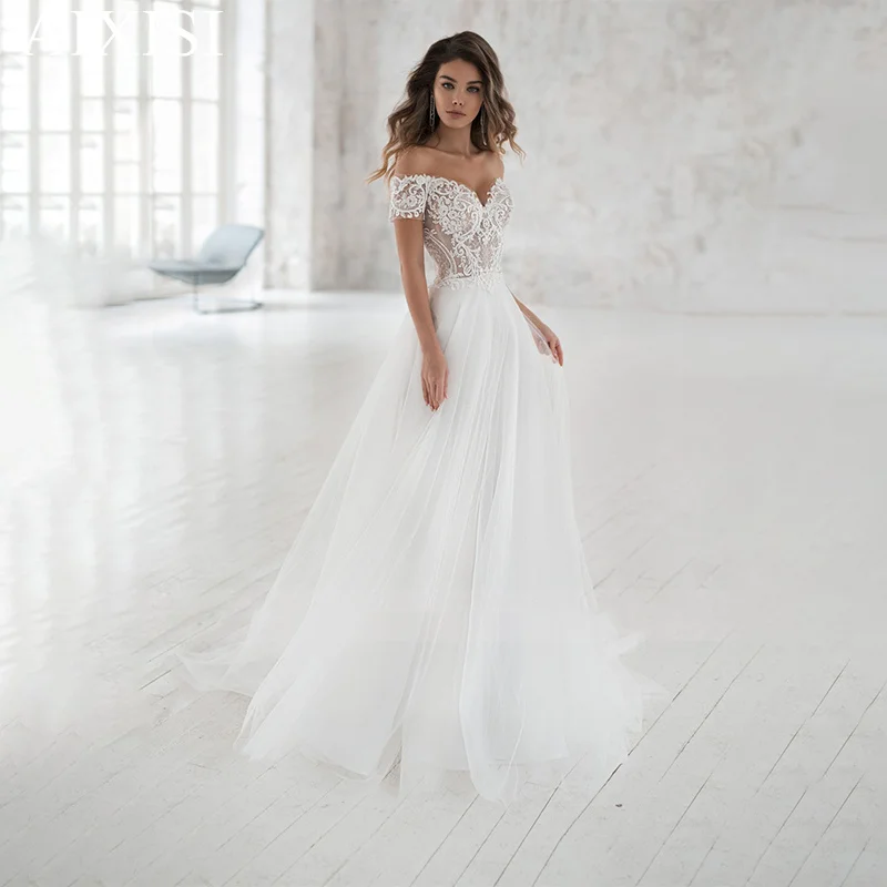 Charming Sweetheart Wedding Dressess robe de soiree Mariage Appliques Lace A-Line Off the Shoulder Sleeveless Floor-Length
Charming Sweetheart Wedding Dressess robe de soiree Mariage Appliques Lace A-Line Off the Shoulder Sleeveless Floor-Length