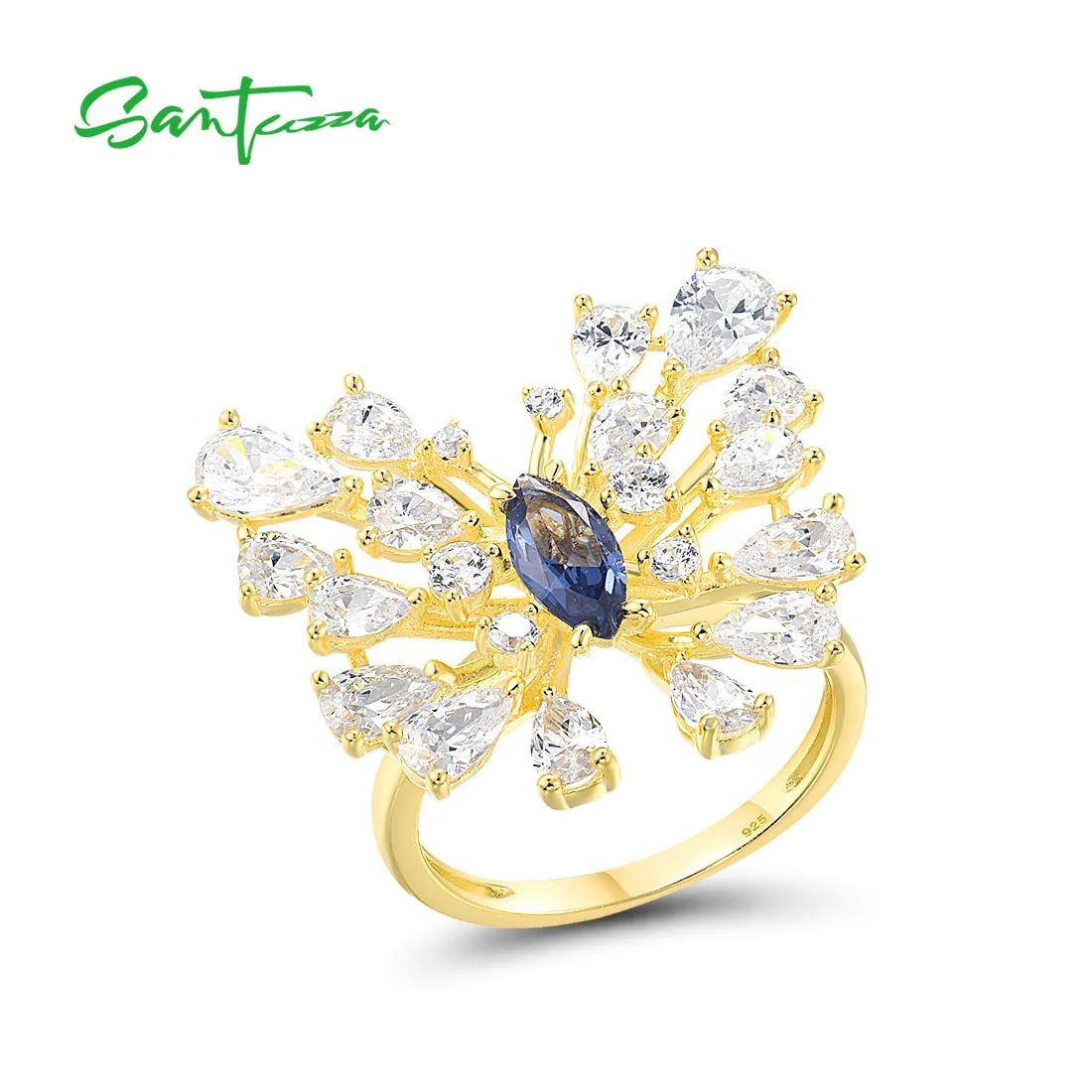 

SANTUZZA Real 925 Sterling Silver Ring For Women Sparkling Blue Spinel White CZ Butterfly Gorgeous Cluster Trendy Fine Jewelry