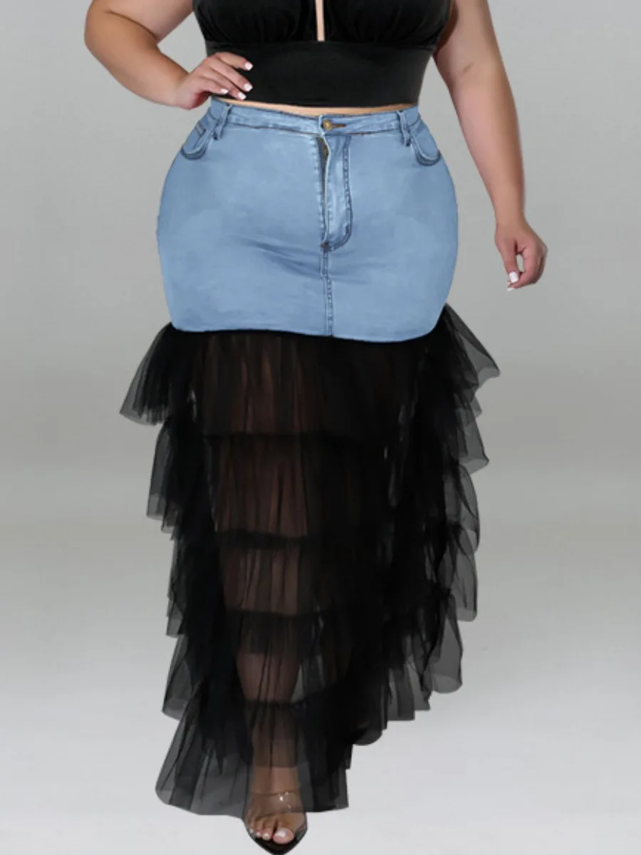 

LW Plus Size Lace Patchwork Layered Cascading See-through Denim Dress Casual Ruffle Regular Ankle Length Daily Wrapped Skirt