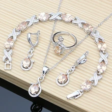 Women Silver 925 Jewelry Sets Champagne Toapz Long Earrings Bracelet Resizable Ring Necklace Sets Gift for Her Dropshipping